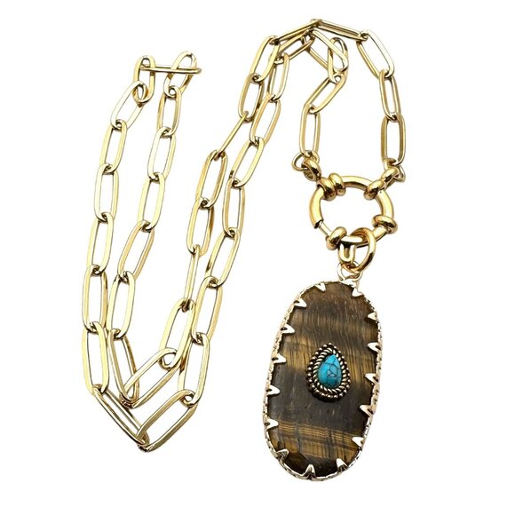 Tigers Eye Turquoise Gemstone Pendant Necklace 18K Gold Plated Chain 17 Inch - Picture 7 of 8